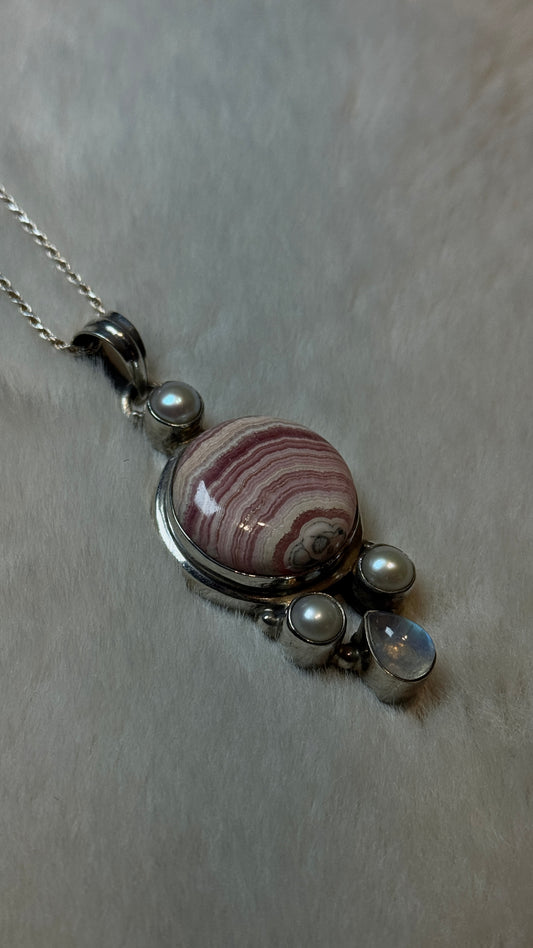 Royal pendant Rhodochrosite Moonstone and pearls