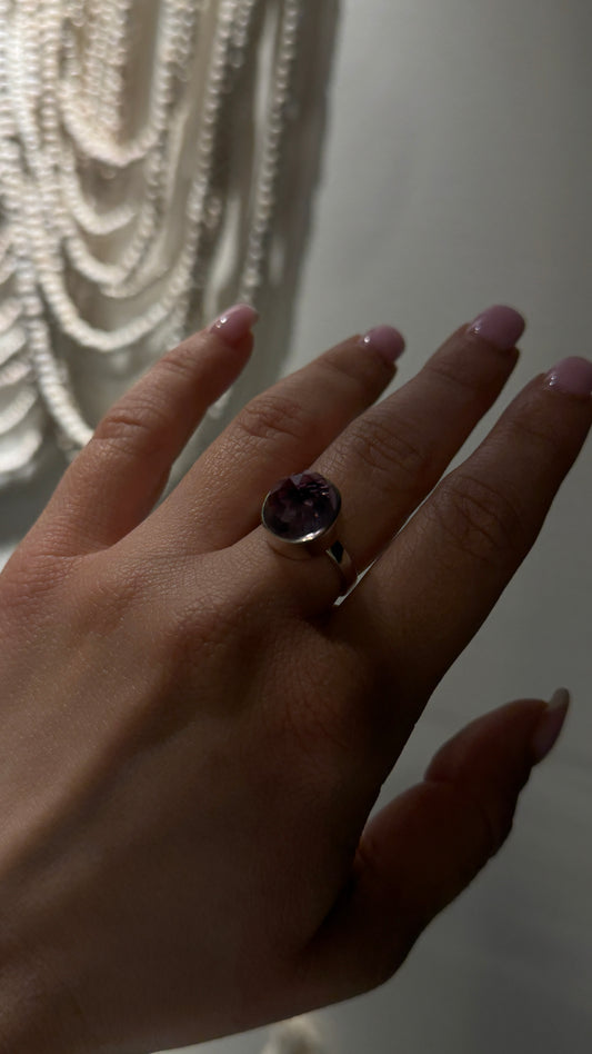 amethyst ball ring on hand