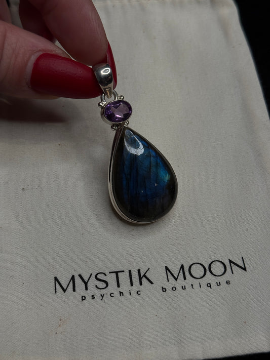 Labradorite and amethyst teardrop pendant