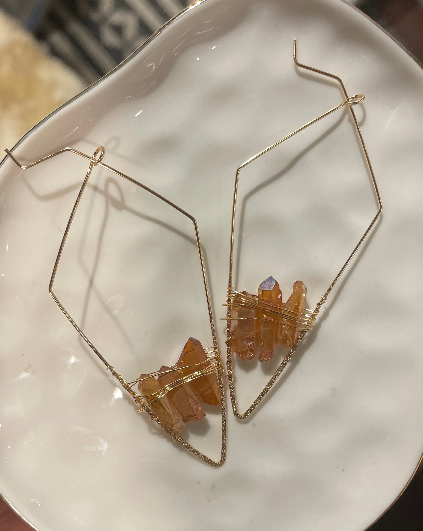 Triangle Gold Fashion Earrings with raw crystals