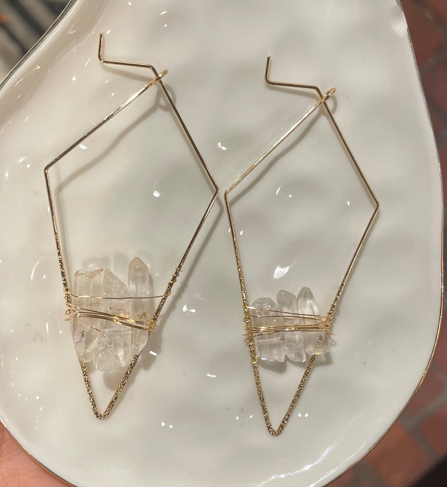 Triangle Gold Fashion Earrings with raw crystals