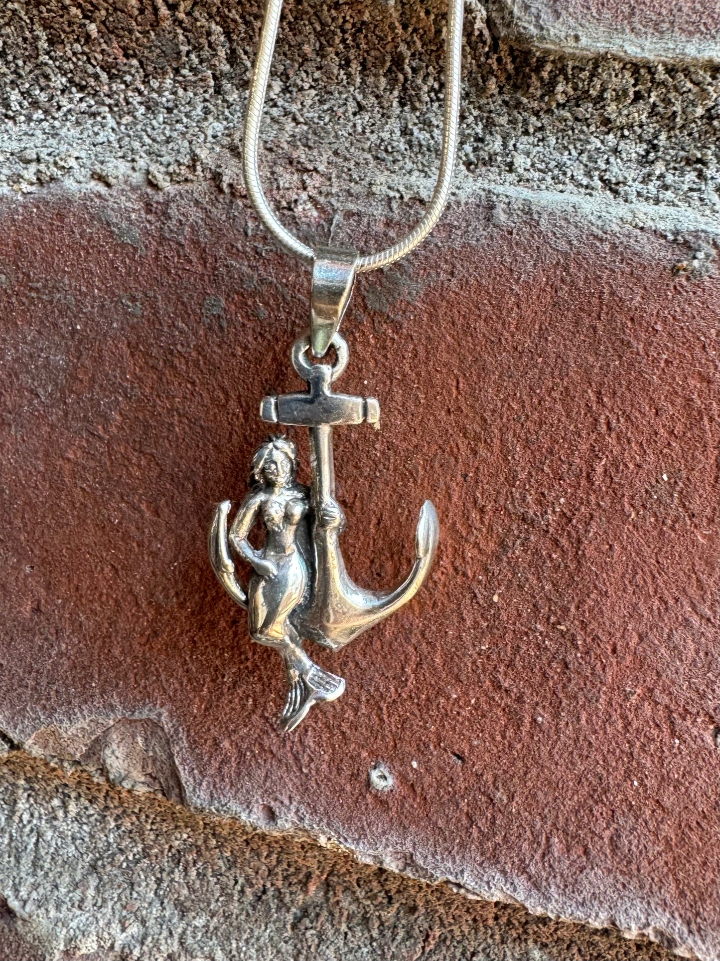 Mermaid on Anchor Silver Pendant