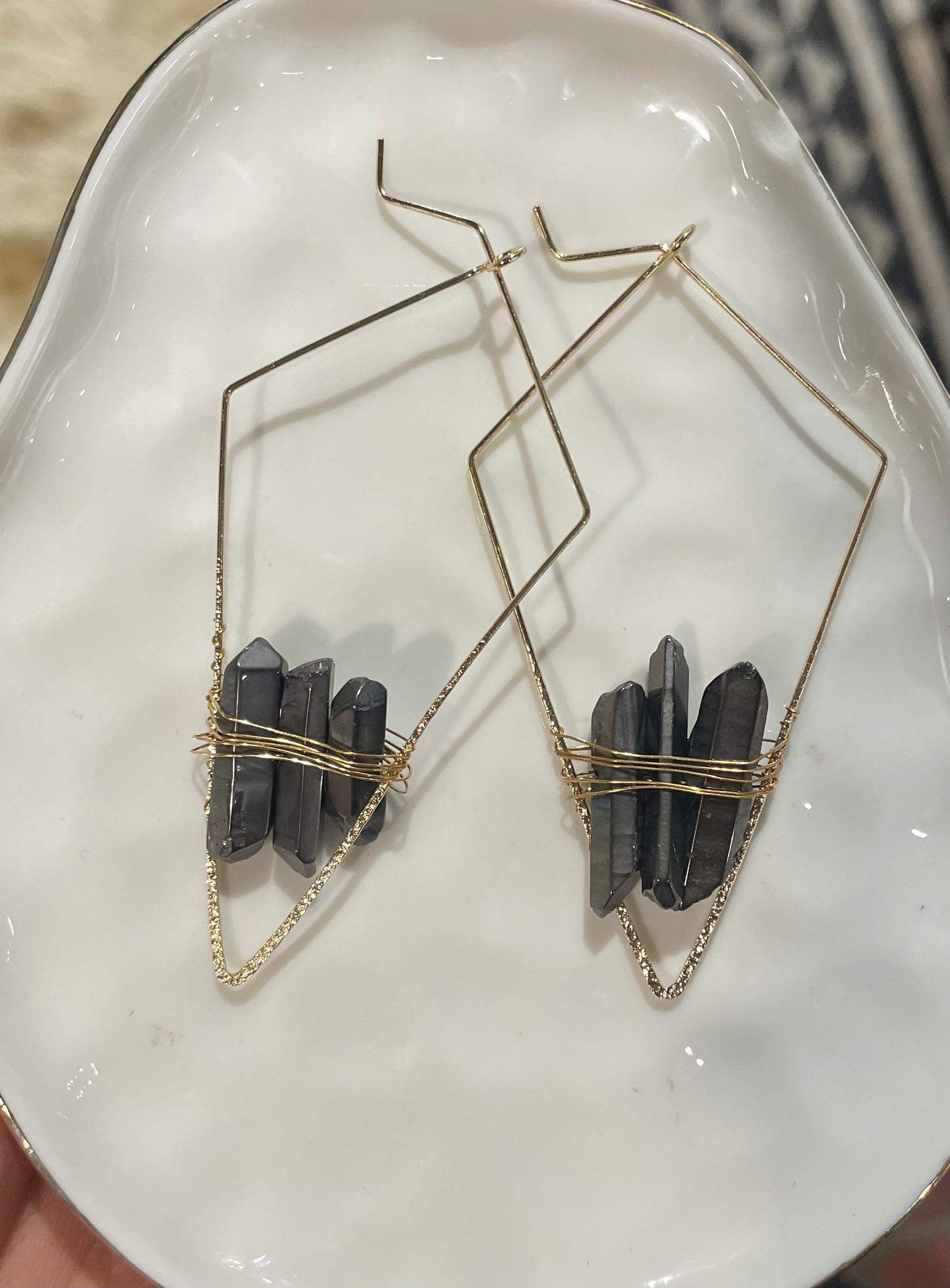 Triangle Gold Fashion Earrings with raw crystals