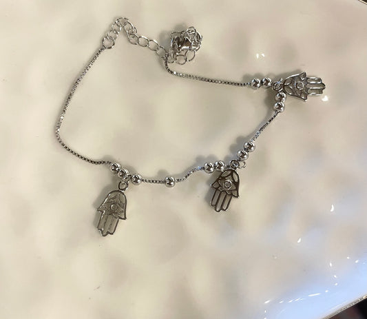 Sterling Silver 3 Hamsa charms bracelet