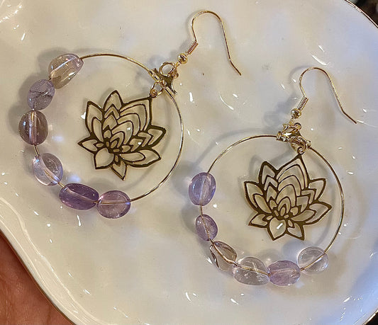 Crystal Amethyst Earrings with Lotus Flower