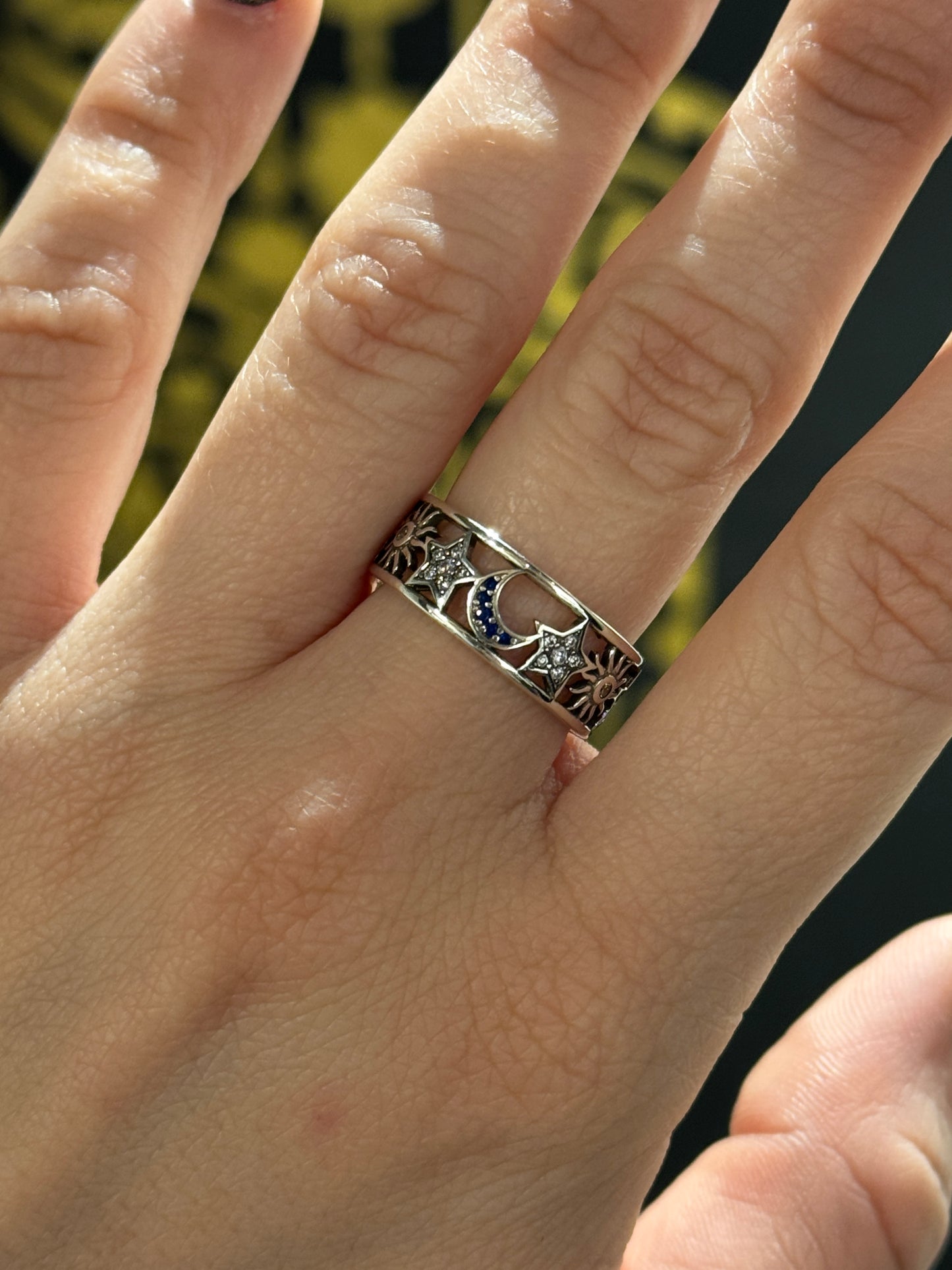 Moon, star and Sun silver ring