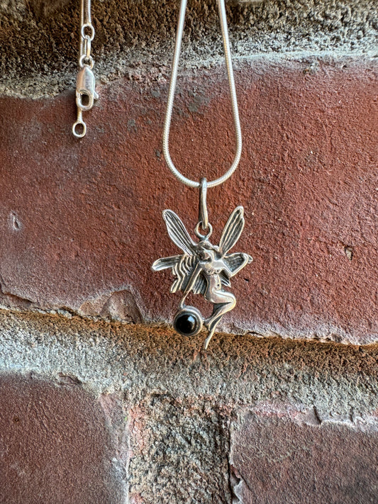 Gracious Silver Fairy Pendant with Obsidian