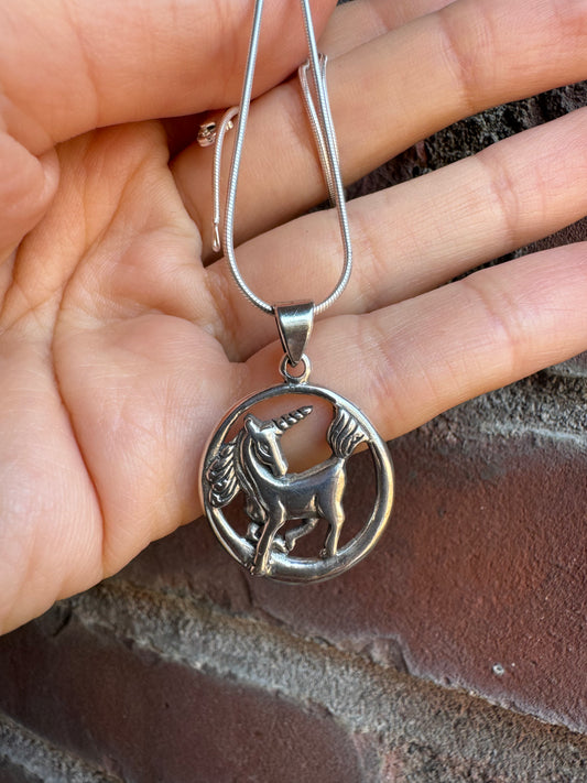 Silver Unicorn on Moon Crescent Pendant