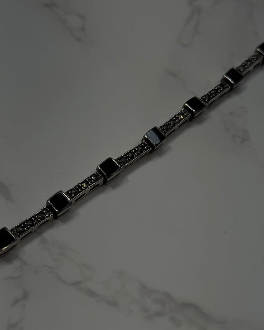 silver bracelet with onyx square shaped and cubic zirconia