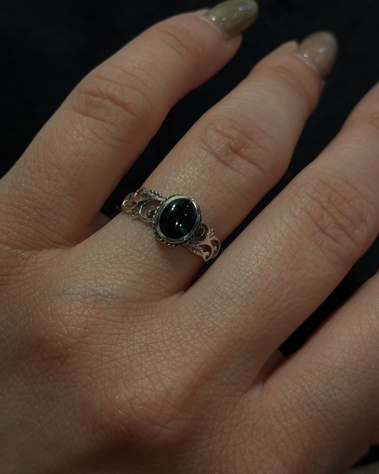 steering silver ring with oval natural genuine onyx vintage design