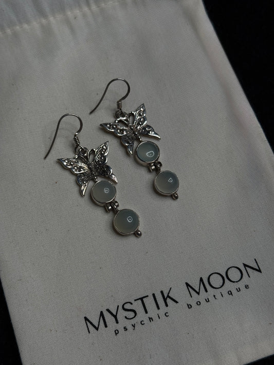 Butterfly Drop Earrings with Cat’s Eye — Sterling Silver