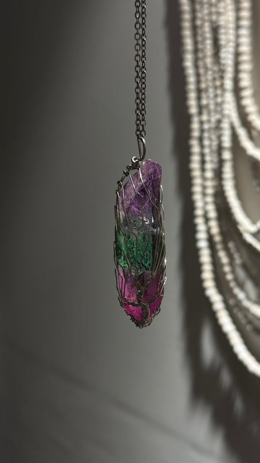 Colored Glass Tree of life wrapped Pendant