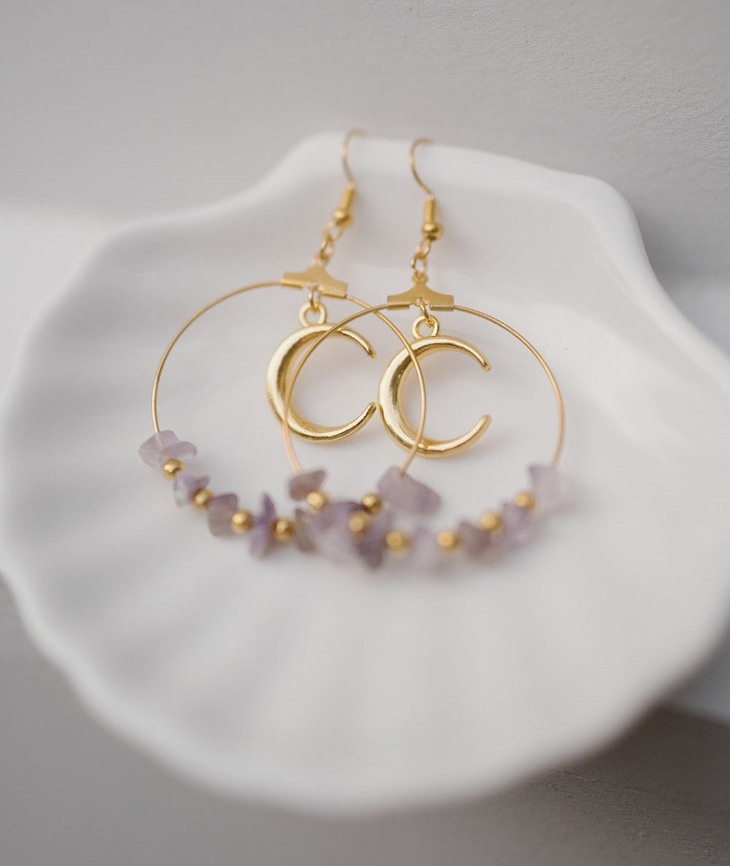 hoop earrings with moon symbol and amethyst crystals