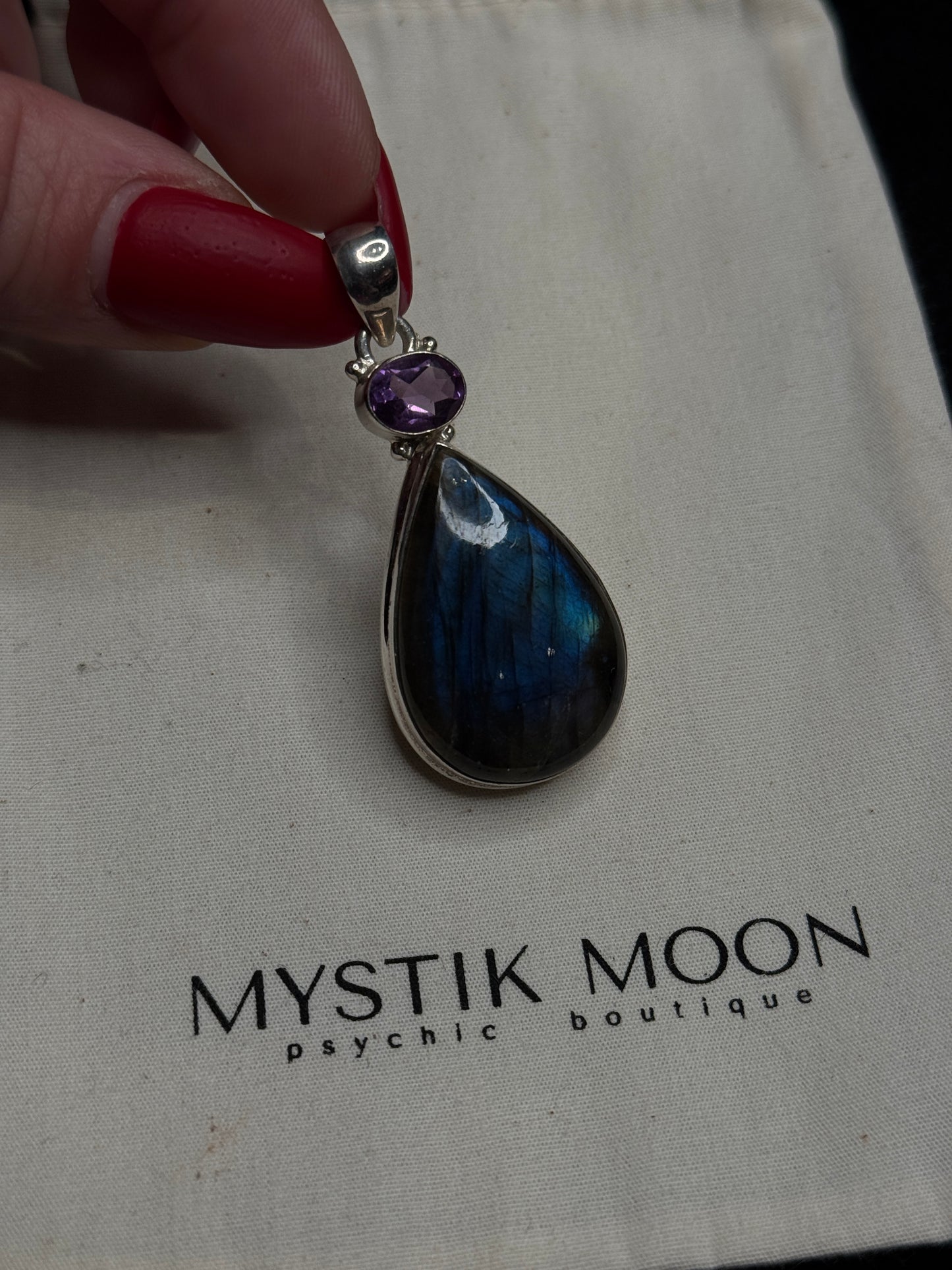 Labradorite and amethyst teardrop pendant