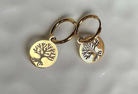 Tree of life gold small hoops earrings