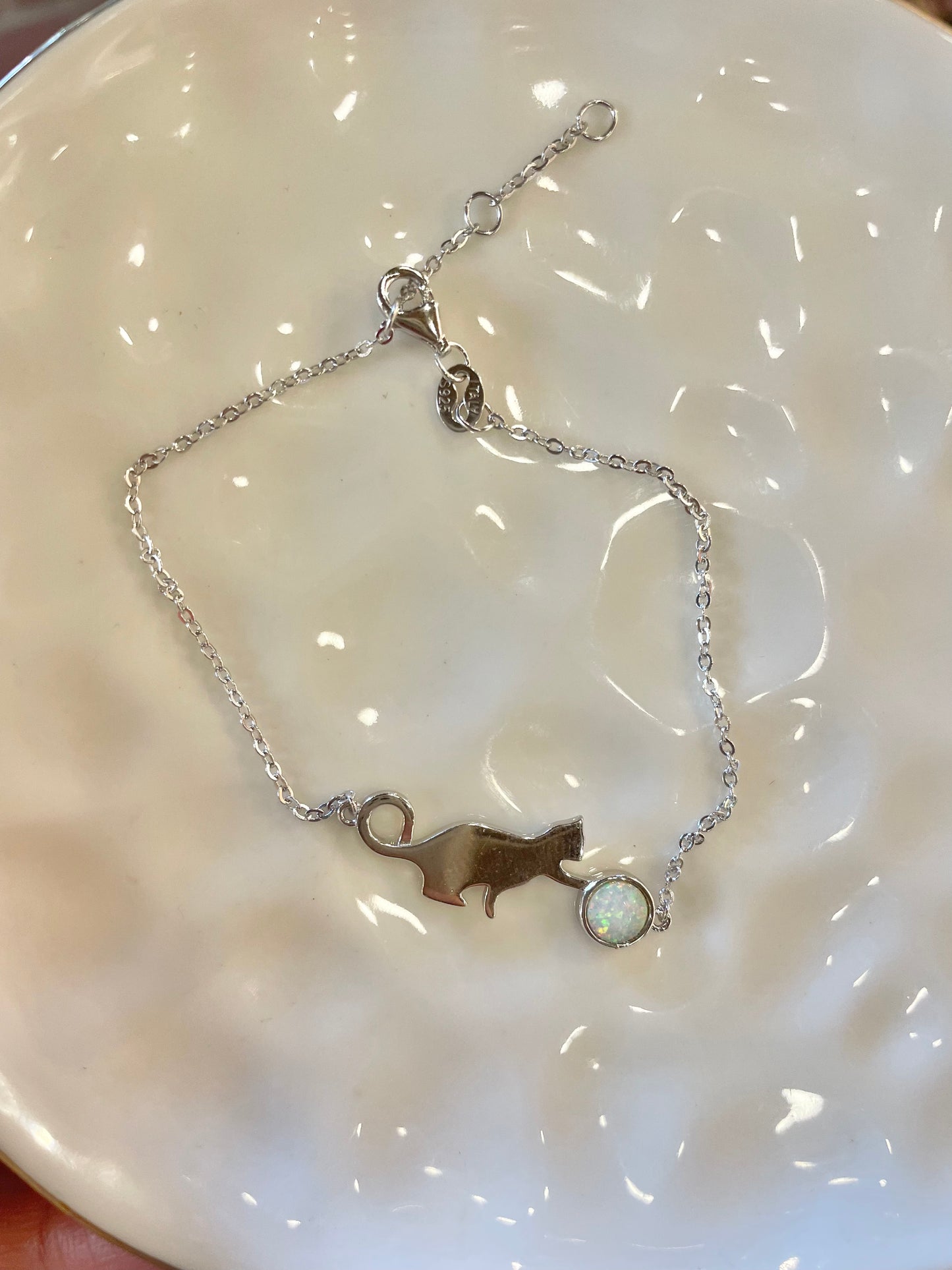Sterling Silver Bracelet with Playing Cat and white opalite charm