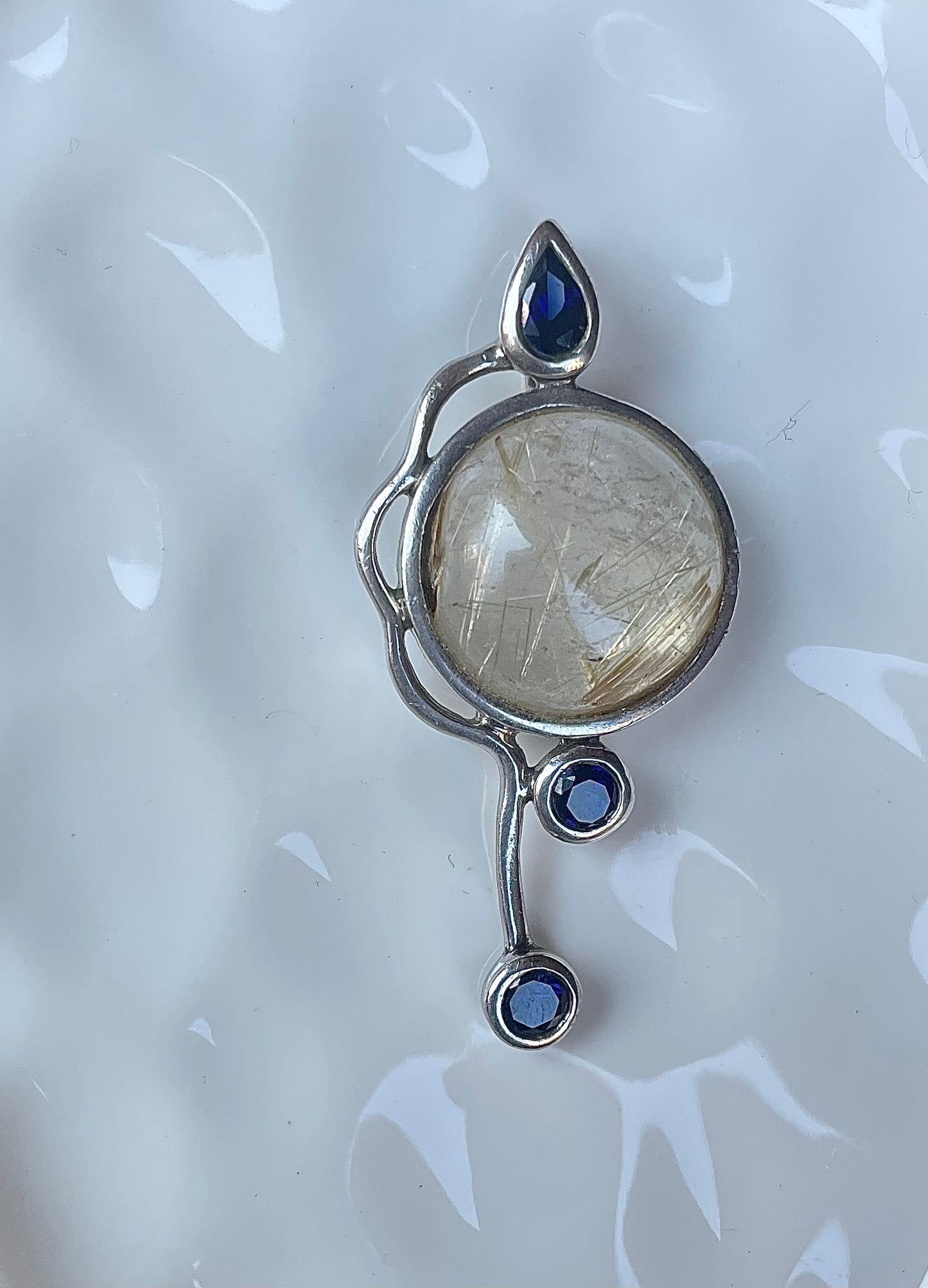 Rutilated Quartz with blue sapphire abstract pendant