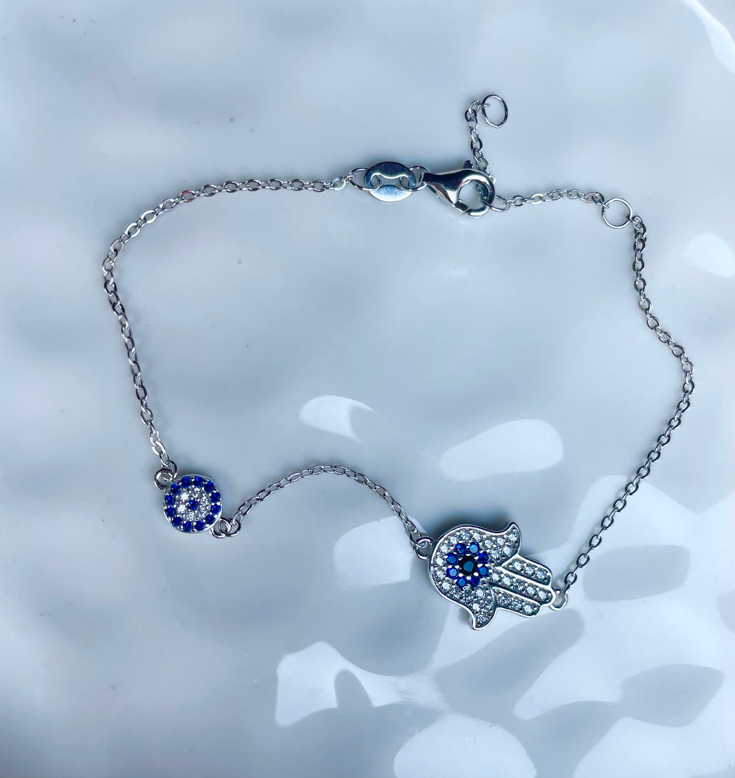 Sterling Silver Evil Eye Bracelet with big hamsa sparkles filled charm