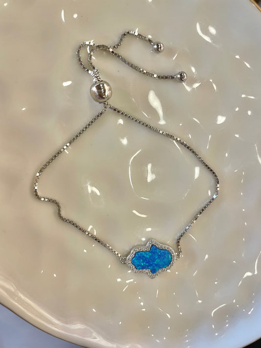 Sterling Silver Bracelet with Blue Opalite Hamsa Charm