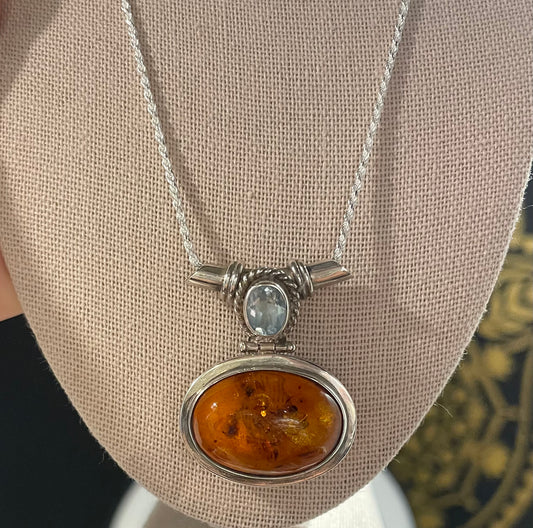 Amber with Blue Topaz Oval Pendant
