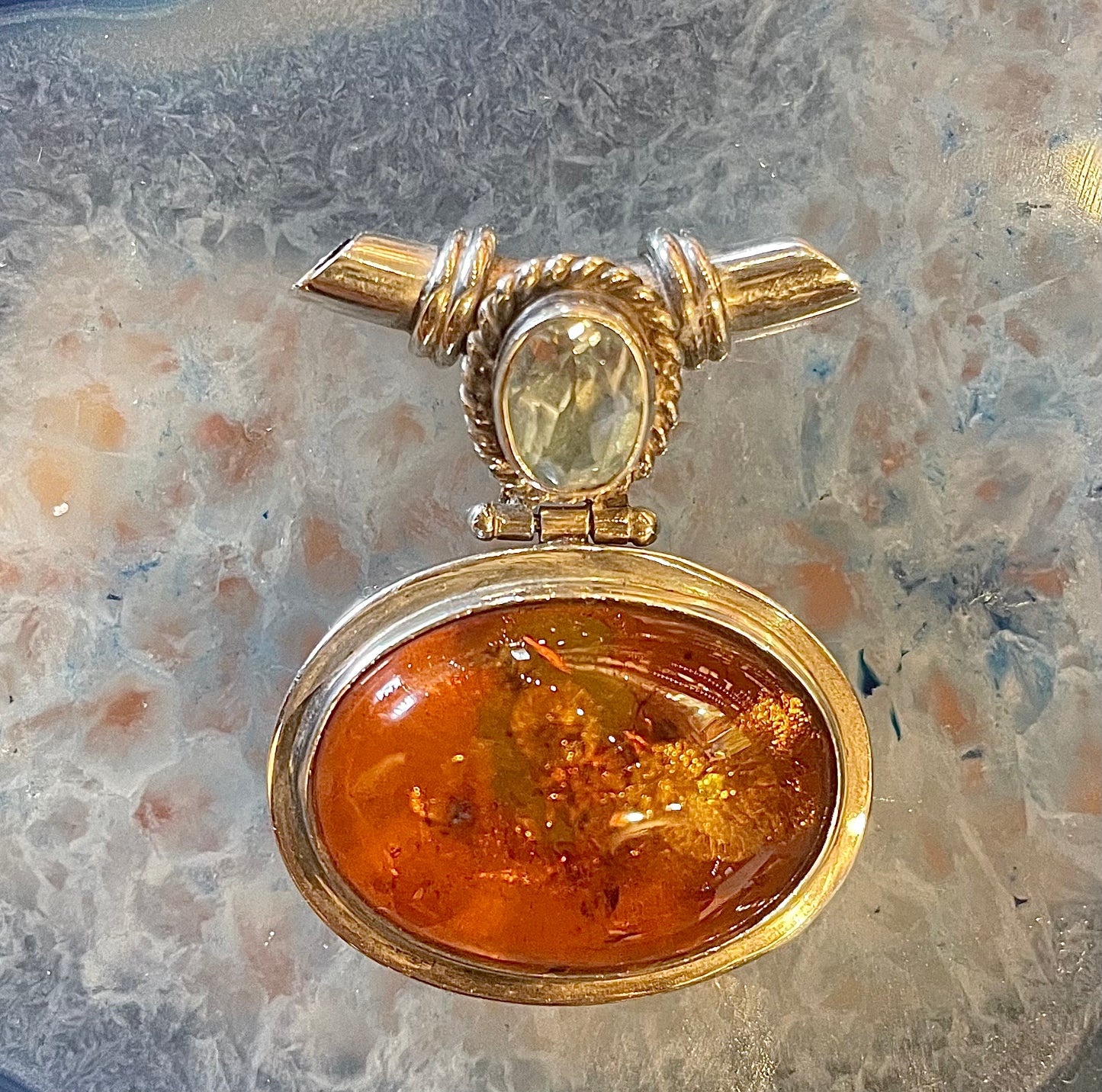 Amber with Blue Topaz Oval Pendant