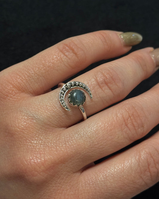 crescent moon and labradorite stone silver ring