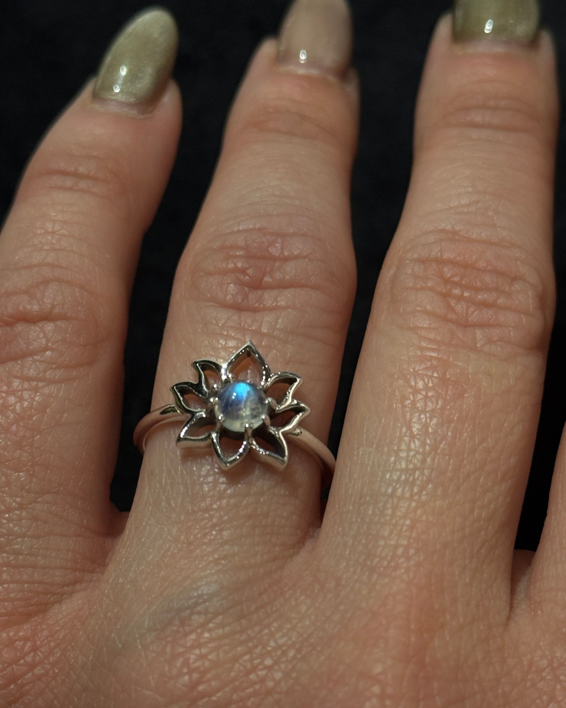 dainty sterling silver ring with natural moonstone lotus shape