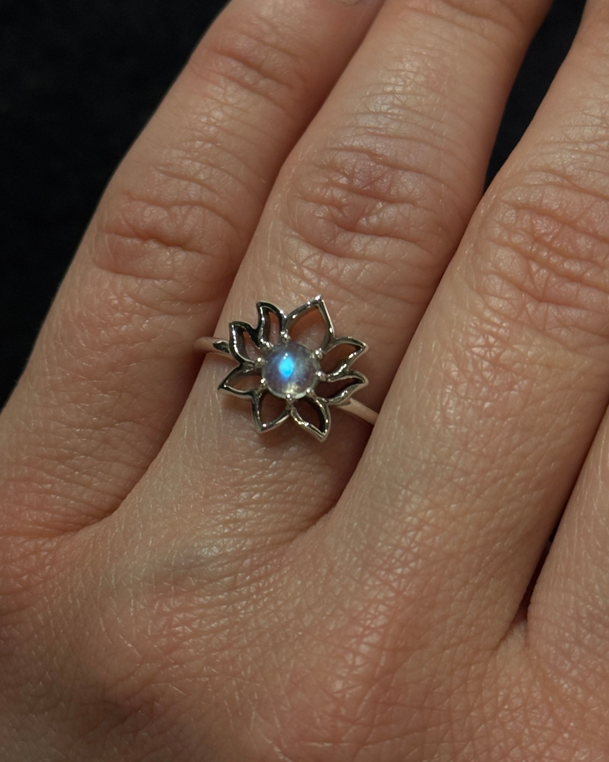 lotus shaped silver ring with natural moonstone