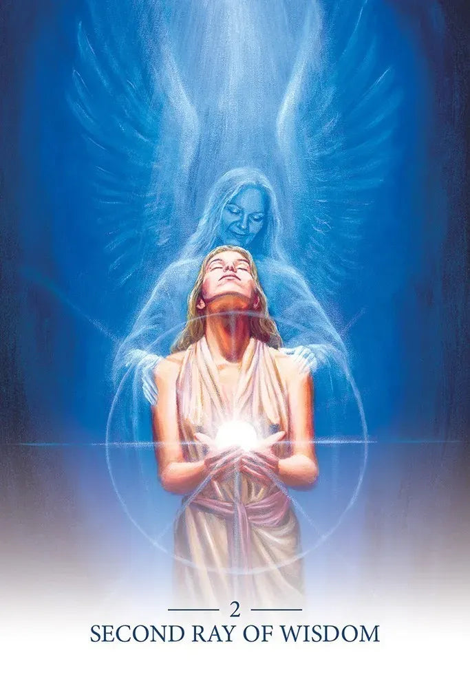 Woman with a glowing heart and angelic figure above, set against a blue background.
