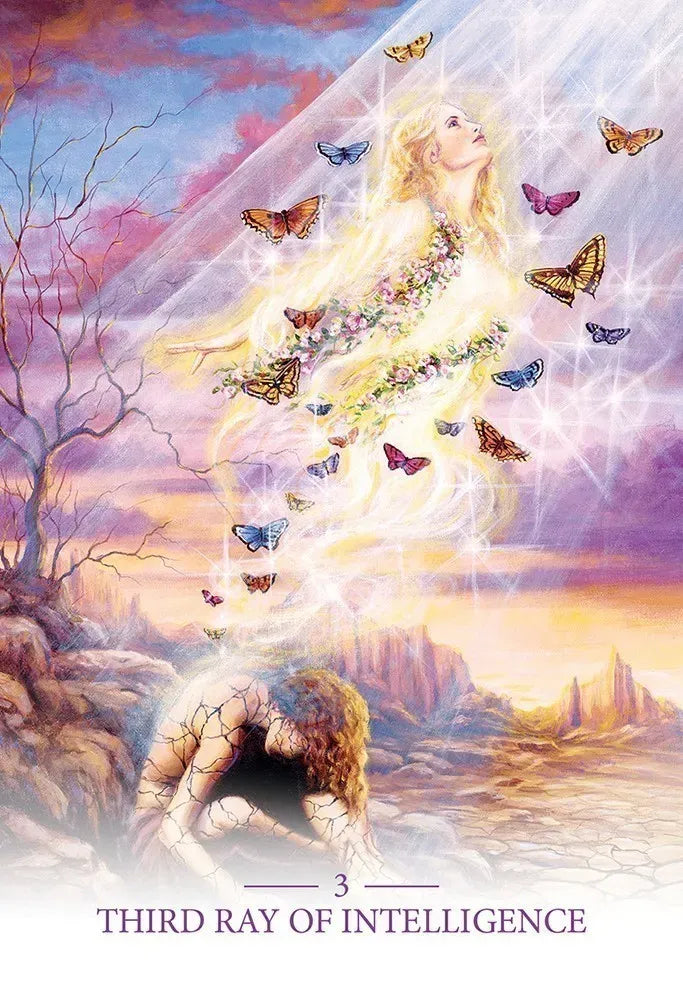 Artistic depiction of a woman with butterflies and a sunset background, labeled 'Third Ray of Intelligence'.