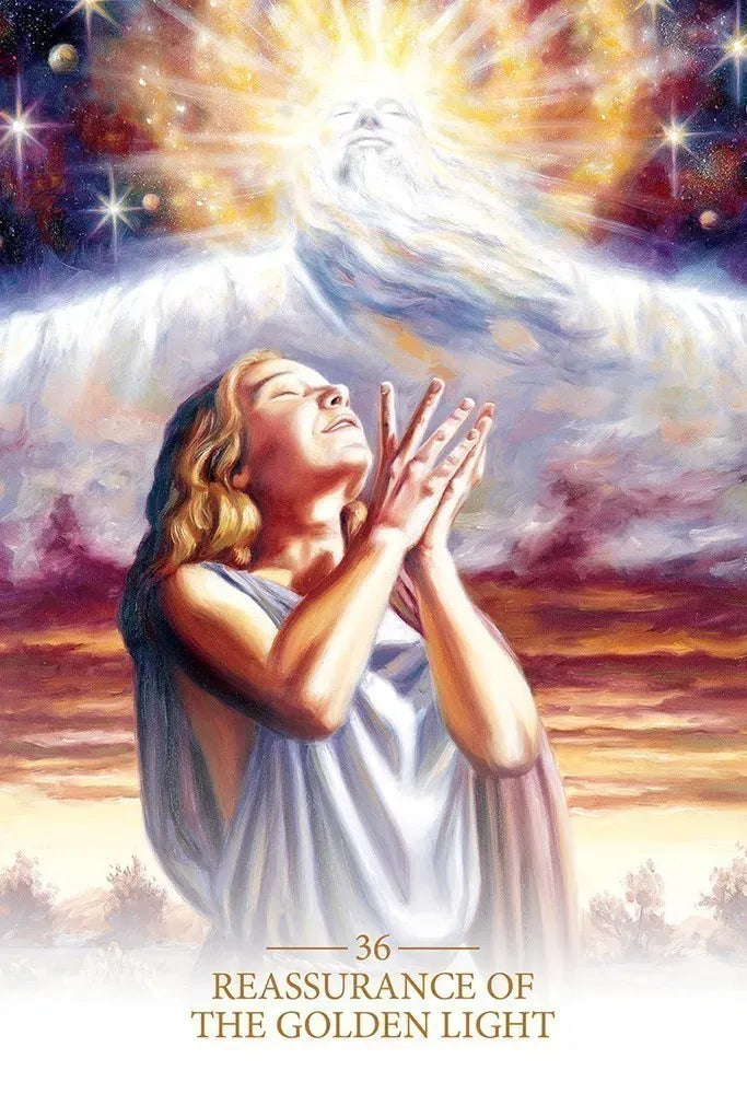 Woman in a white dress with outstretched arms against a celestial background with stars and clouds.