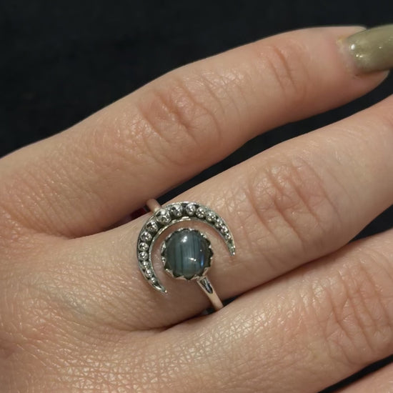 crescent moon and round labradorite stone silver ring 