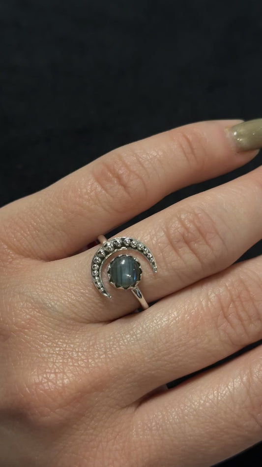 crescent moon and round labradorite stone silver ring 