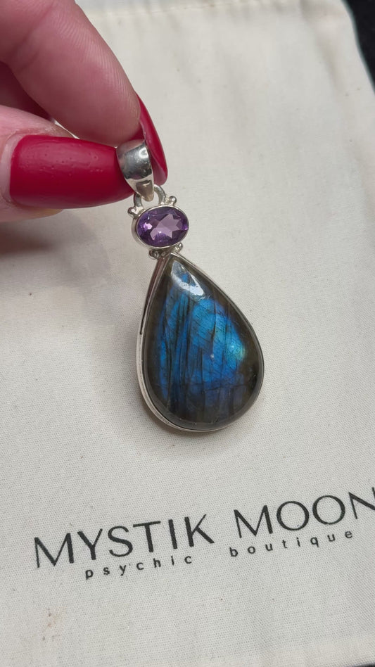 Labradorite and amethyst teardrop pendant