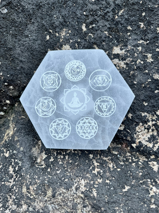 Selenite Charging Plate Hexagon 7 Chakras