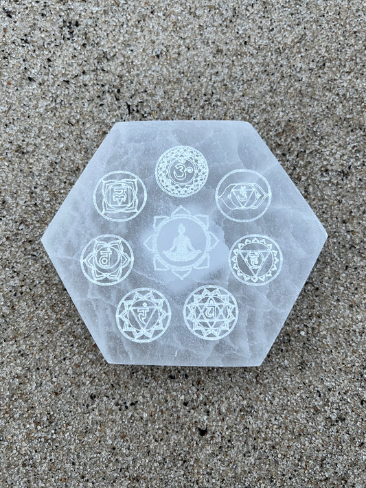 Selenite Charging Plate Hexagon 7 Chakras